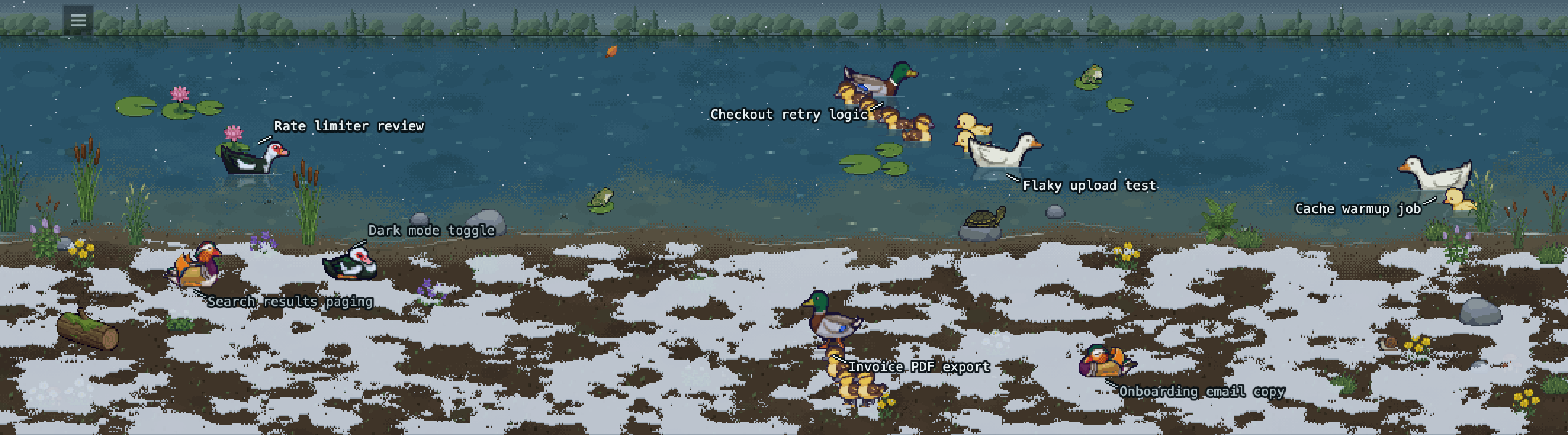 A pixel art pond in snow: ducks swimming with ducklings behind them for sessions that are working, and ducks resting on the snowy bank for sessions that have finished, each with its session's name beside it.