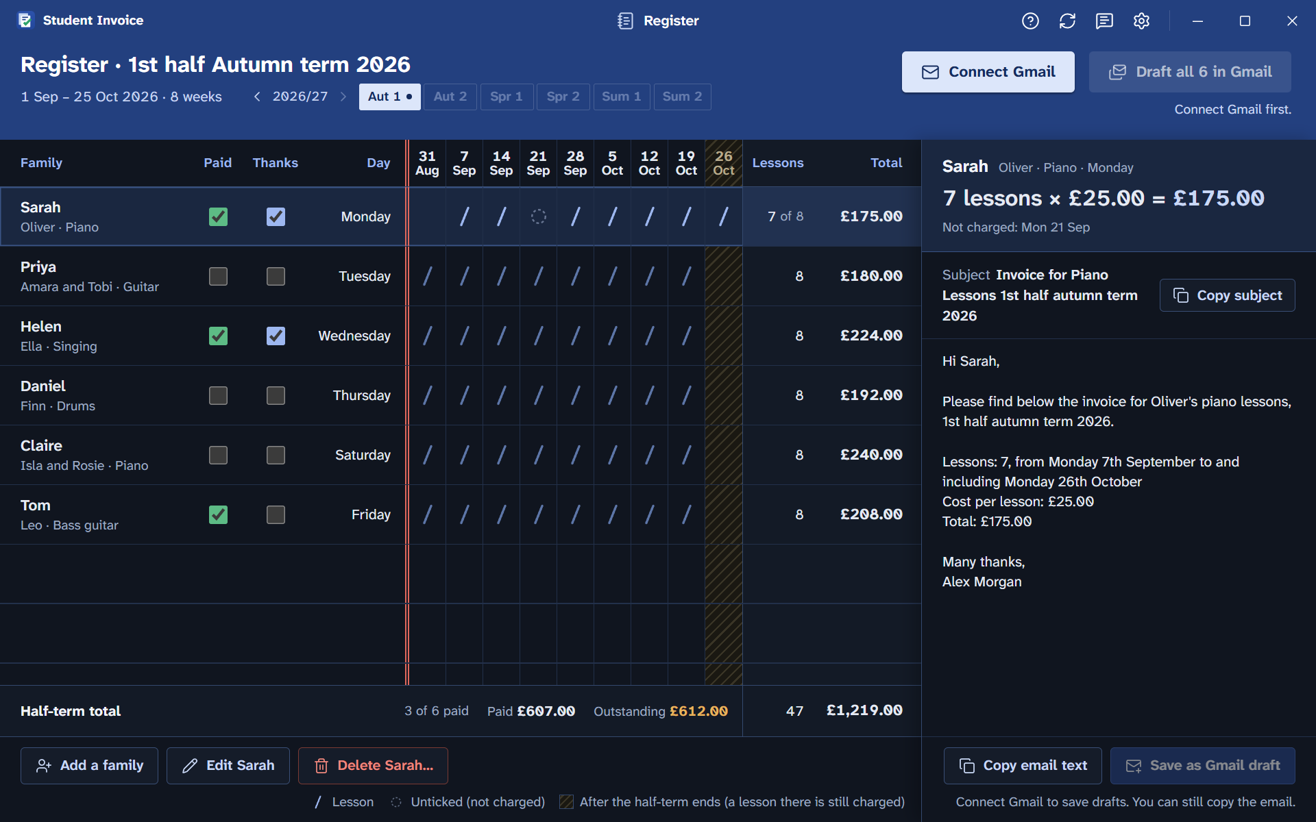 The register in dark mode.
