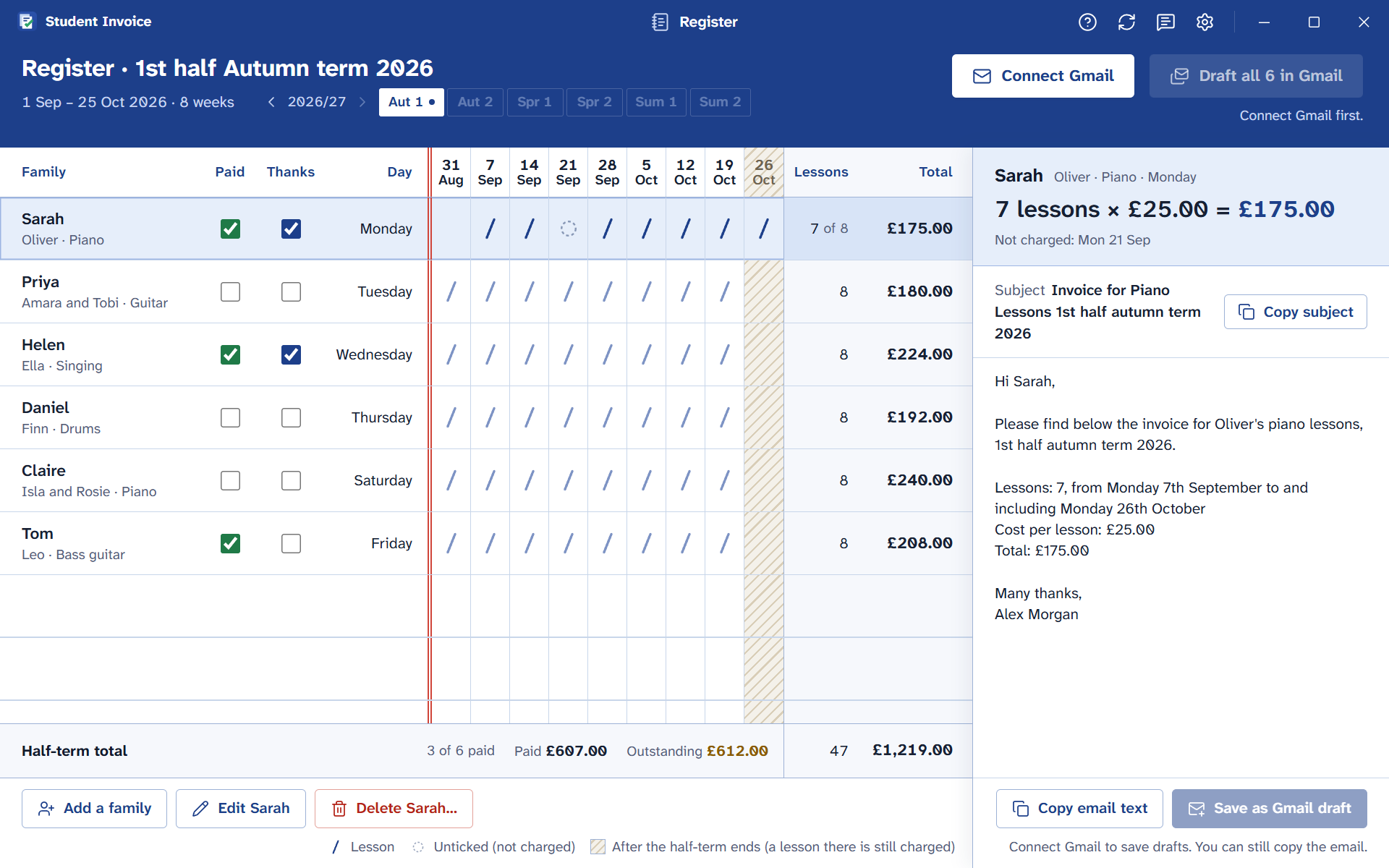 The Student Invoice register: six families, a mark for each lesson, and the selected family's invoice email.