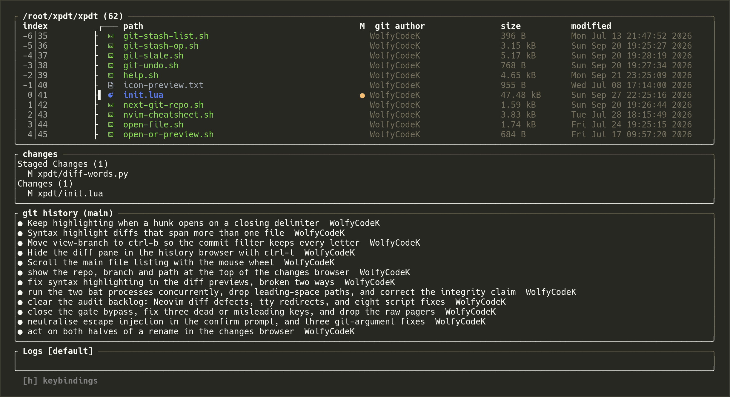 xpdt's main view: a file listing with git status and last author for each file, a changes box, and the branch's recent commits.